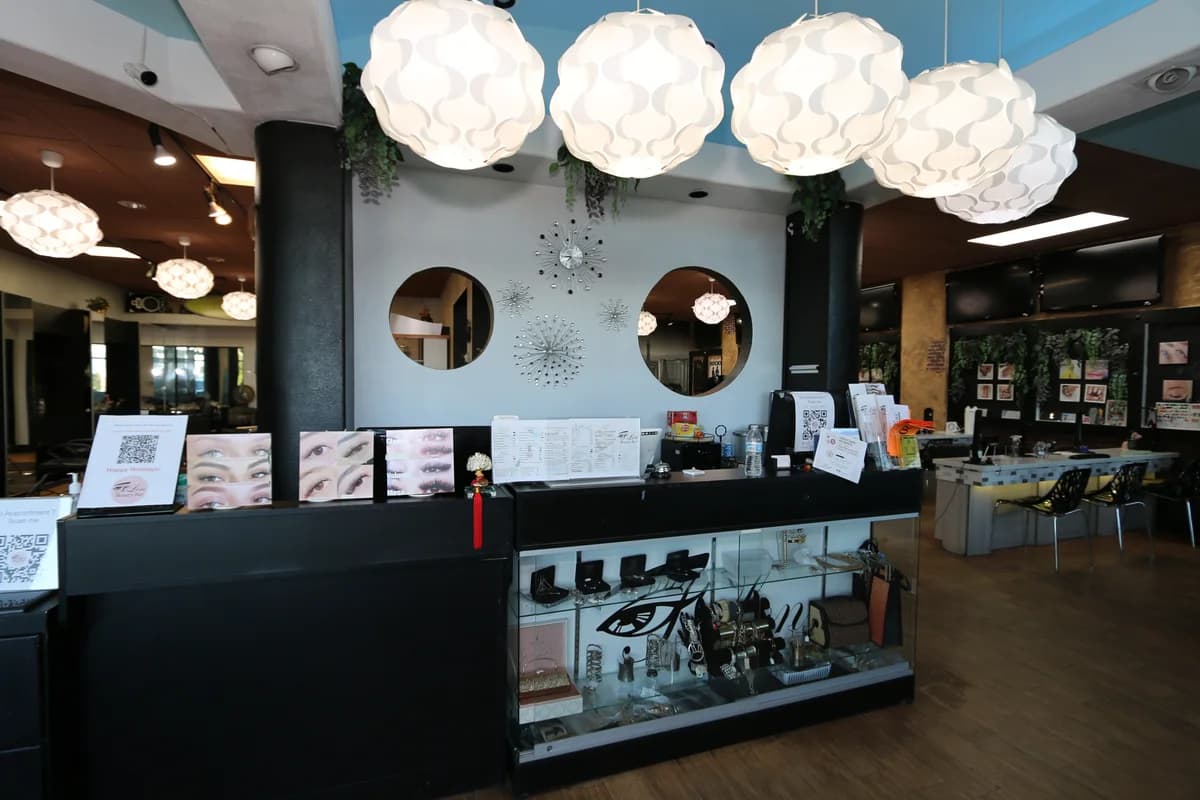Reception counter with the white lantern lights.